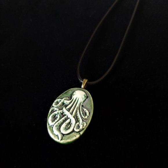 Handmade Ceramic Bottle Green Octopus Kraken Pendant Necklace - Picture 5 of 11